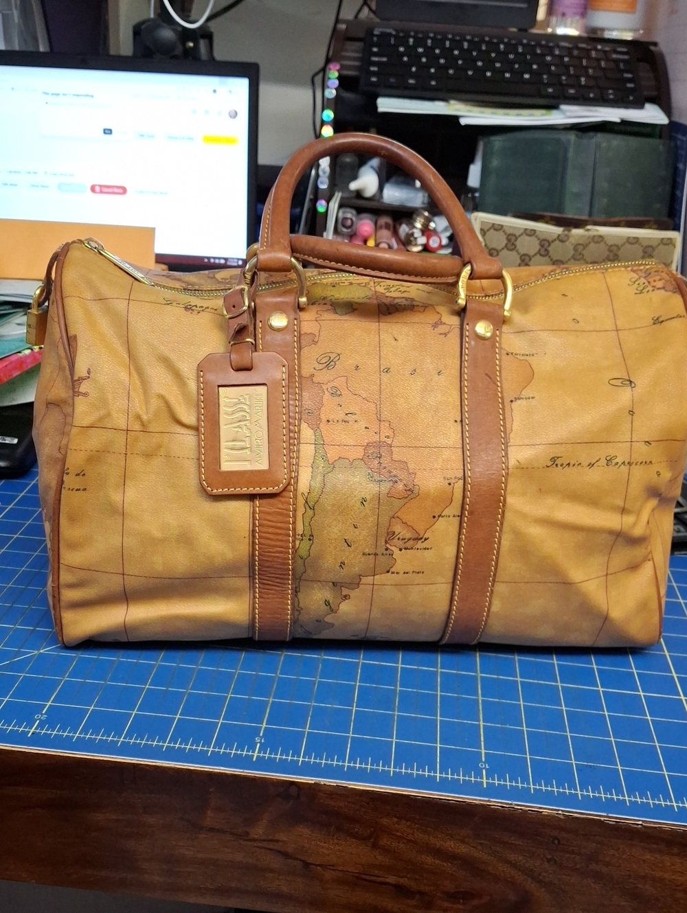 Alviero Martini Tan Leather Travel Duffel Bag World Map Print 11x14 Preloved